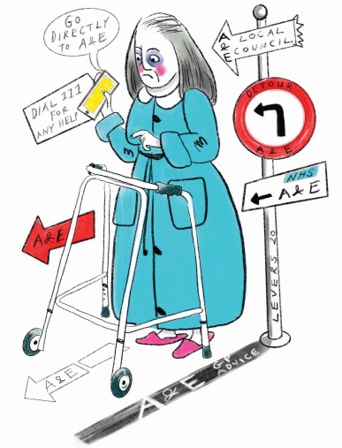 Cartoon of older female patient surrounded by different advice