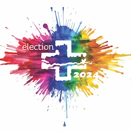 Election 2024 paint splash graphic with party colours