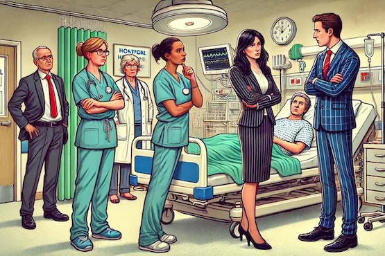 Cartoon image of NHS staff questioning politician as a patient looks on