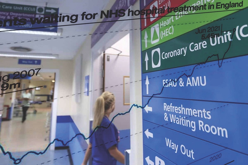 Hospital ward superimposed with waiting list graph