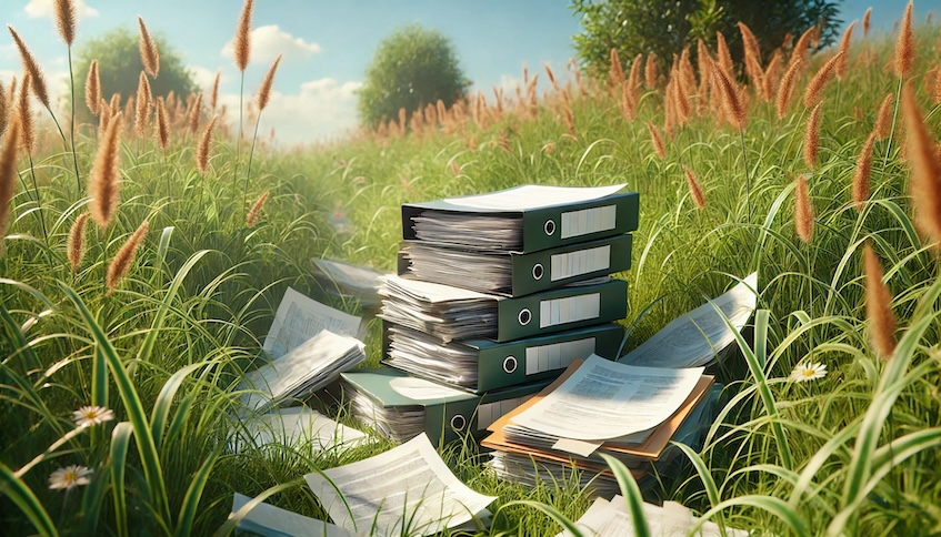 Ilustration showing files and papers buried in long grass