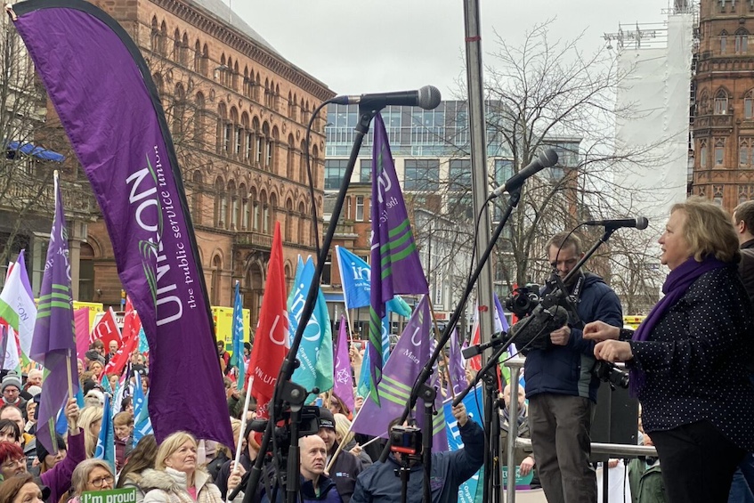 Christine McAnea addressing striking NHS workers in Belfast