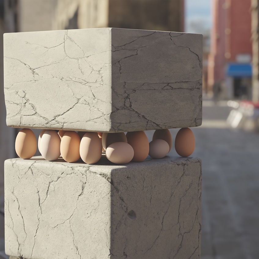 Array of eggs between two concrete blocks